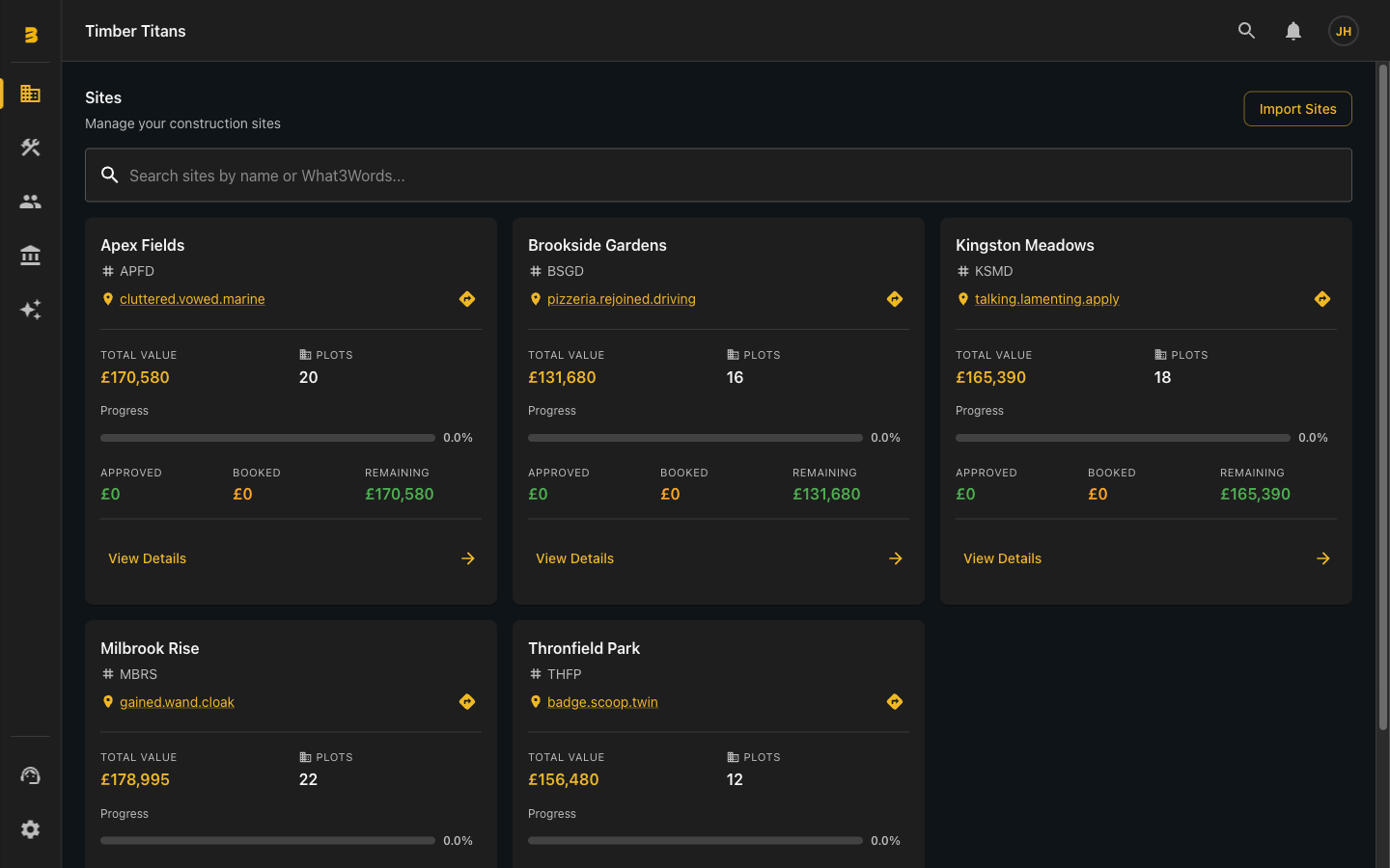 Billda sites dashboard